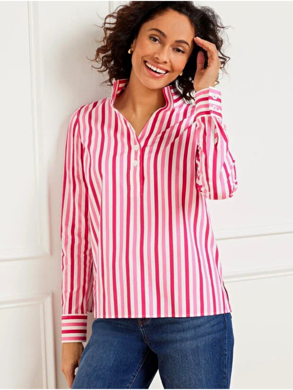 Talbots Womens Pink White Striped Collared Button Front Shirt L Cotton EUC #1050